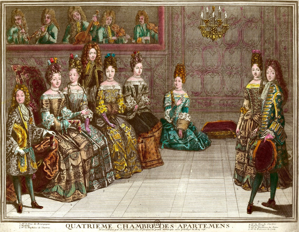 Taniec w czwartej sypialni apartamentów rodziny Ludwika XIV (1638-1715) wieczorami w mieszkaniu w Wersalu około 1696 roku: książę Chartres tańczy menuet z Mademoiselle w obecności księżnej Maine, księcia B autorstwa Antoine Trouvain