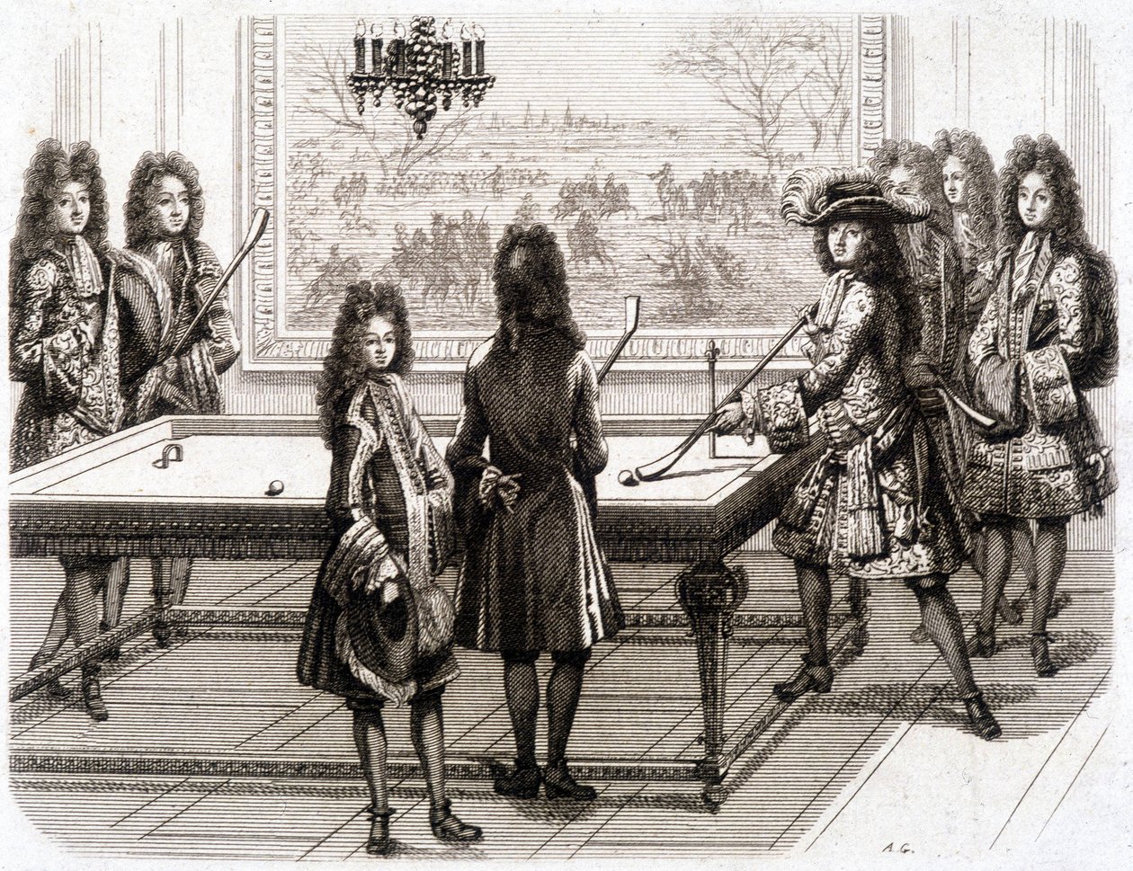Ludwik XIV grający w bilard (z Monsieur (bratem króla), księciem Vendôme, hrabią Tuluzy, Chamillartem, le Roi, panem d