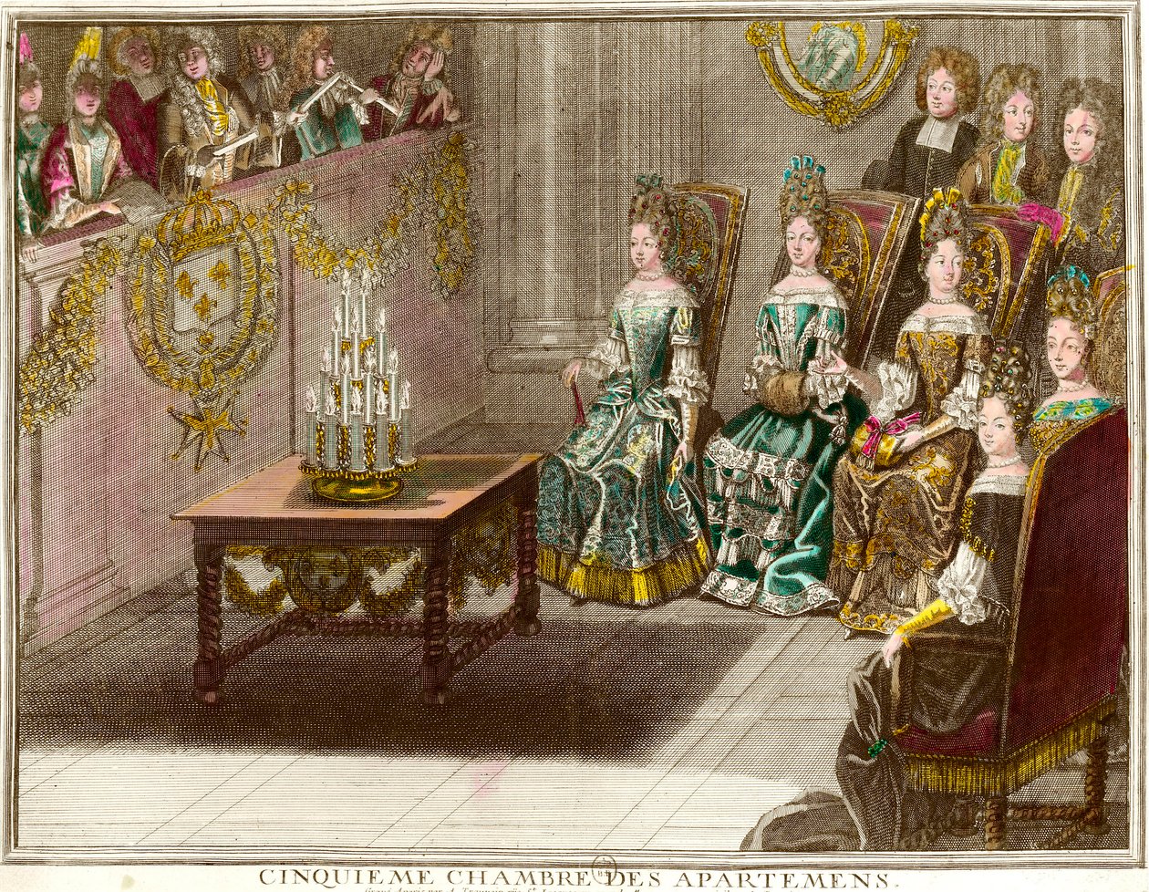 Sesja muzyczna w piątej sypialni rodzinnych apartamentów Ludwika XIV (1638-1715) wieczorami w mieszkaniu w Wersalu około 1694 Grawerowanie Antoine Trouvaina (1656-1708) 1694 ok. 1694. Prywatna kolekcja autorstwa Antoine Trouvain
