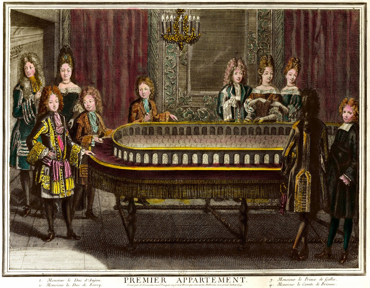 Filip francuski, książę Anjou, ówczesny król Hiszpanii (1683-1746), Karol, książę Berry (1686-1714) i książę Walii grający portyk w pierwszym mieszkaniu Ludwika XIV w Wersalu - Grawer Antoine Trouvain (1656) -1708) Kolekcja prywatna - Cha autorstwa Antoine Trouvain