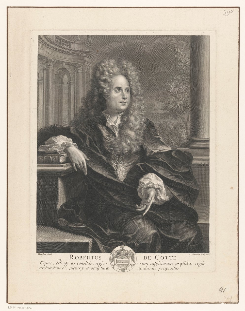 Portret Roberta de Cotte wspartego na książce w architekturze klasycznej Robert De Cotte (tytuł na obiekcie) autorstwa Antoine Trouvain