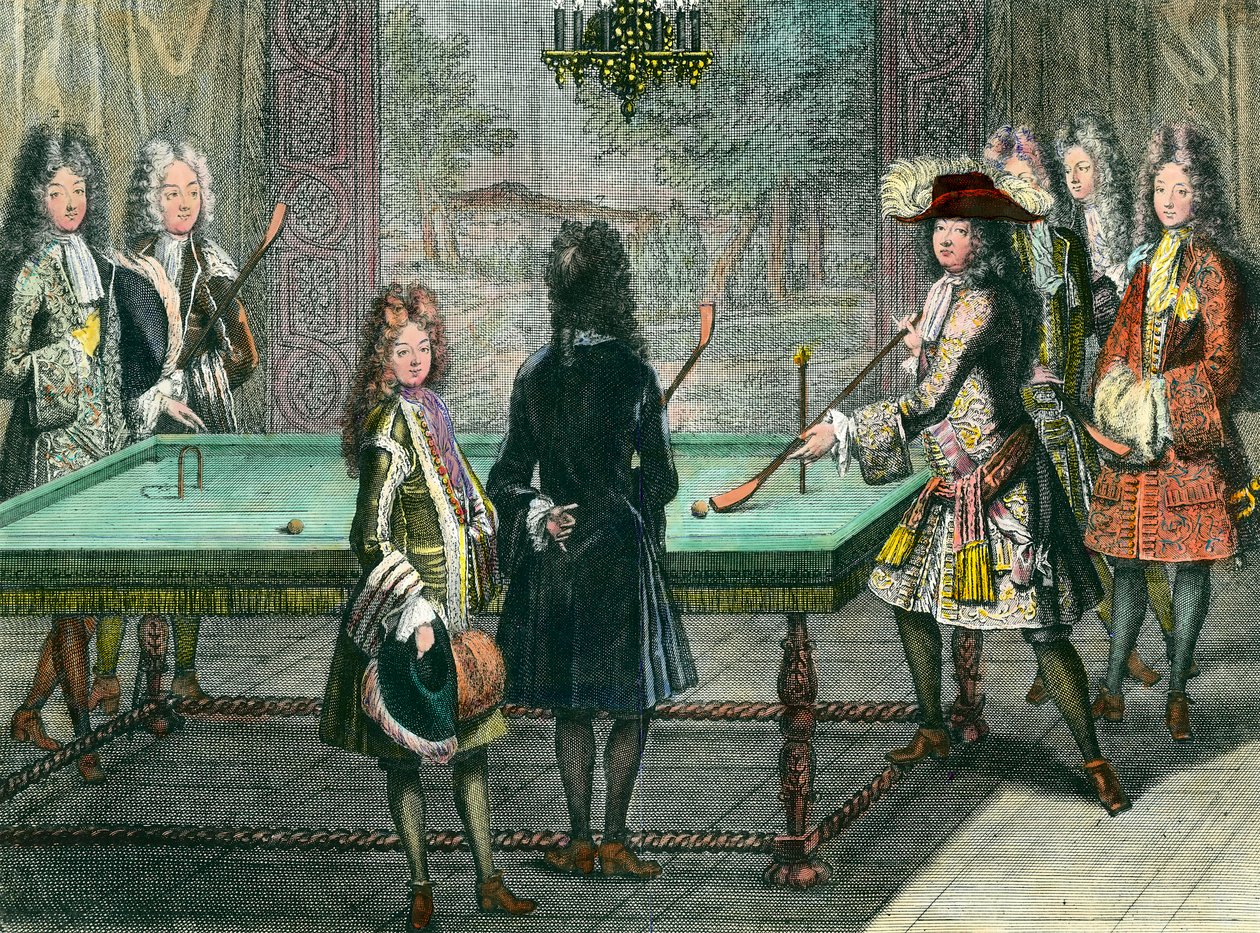 Królewska rozrywka w Wersalu, król Ludwik XIV (1638-1715) grający w bilard z Filipem Duc d