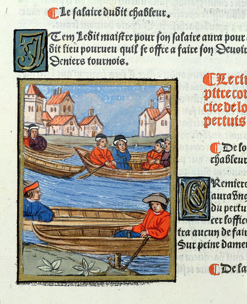 Promy na Sekwanie, z "Ordonnances Royaux de la Juridiction de la Prevote des Marchands de la Ville de Paris", 1528 (wc i gwasz na papierze) autorstwa Antoine Verard