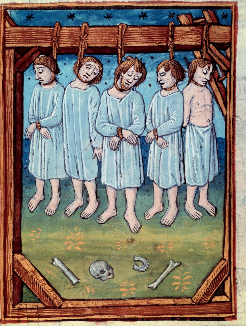 Powieszono pięciu mężczyzn. Miniatura w „kronikach Saint Denis” Paryż, Antoine Verard autorstwa Antoine Verard