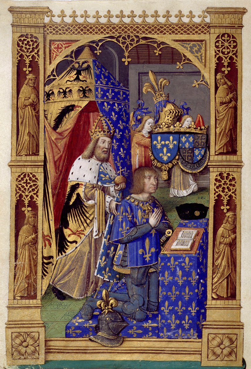 Król Francji Ludwik XII (1462-1515) w modlitwie z Karolem Wielkim za nim - Miniatura Antoine