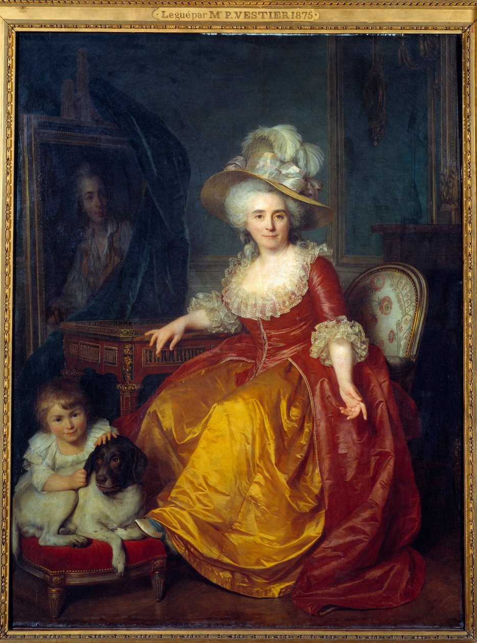 Portret u stóp Madame Vestier (1740-1831) z dzieckiem u jego stóp szczypiącym ucho psa Obraz Antoine Vestier (1740-1824) 1787 nd. 1,76x1,34 m² autorstwa Antoine Vestier