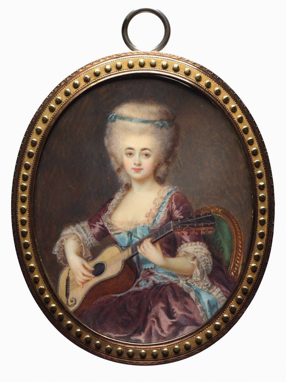 Portret kobiety z gitarą, zwana Louise DAumont, Mazarin..., koniec XVIII wieku. autorstwa Antoine Vestier