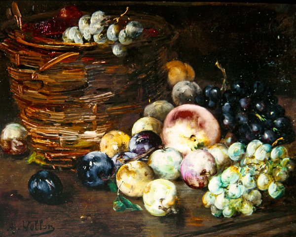Martwa natura kosza z owocami na stole, ok. 1870 (olej na płótnie) autorstwa Antoine Vollon