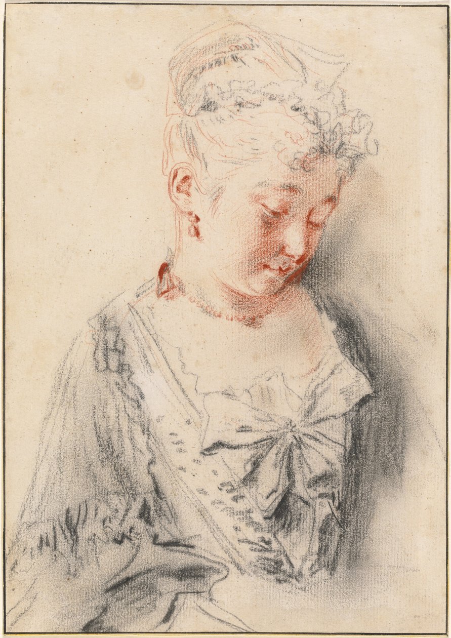 Siedząca kobieta patrząca w dół autorstwa Antoine Watteau