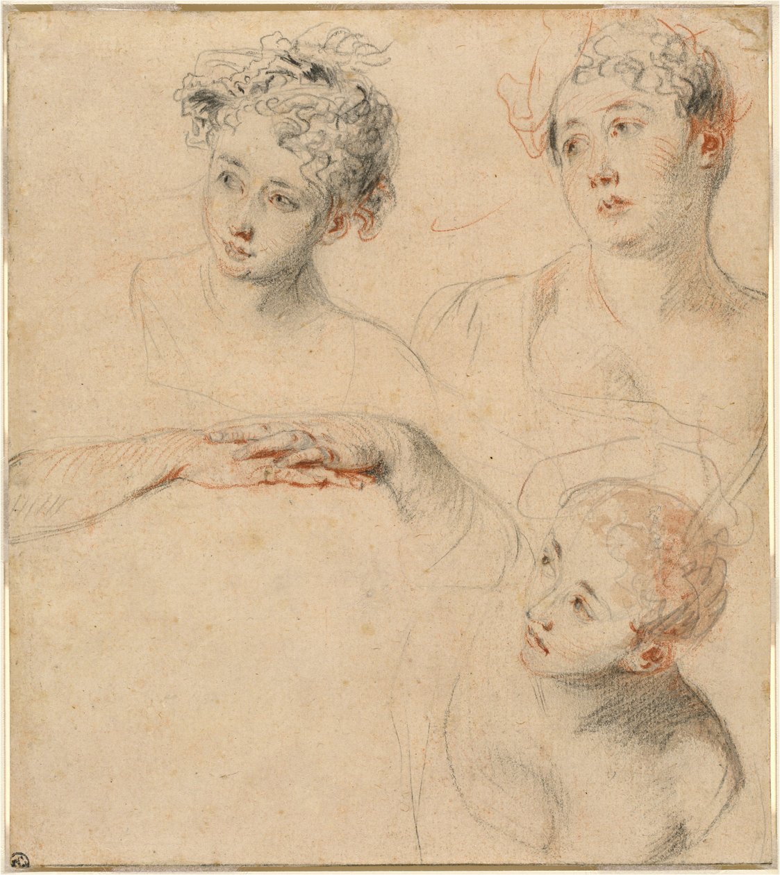 Trzy studia głowy kobiety i studium rąk [recto] autorstwa Antoine Watteau