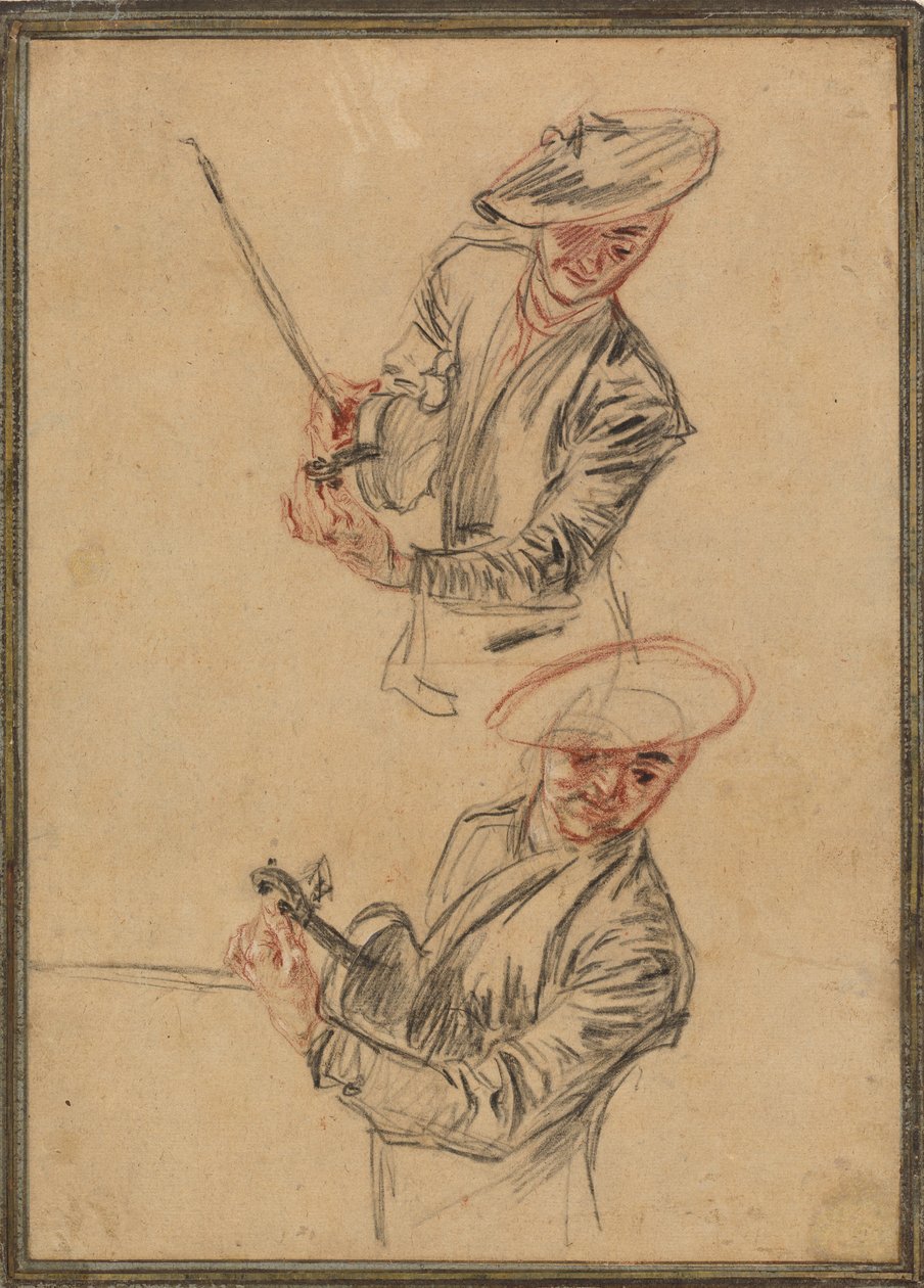 Dwa etiudy skrzypka strojącego swój instrument autorstwa Antoine Watteau