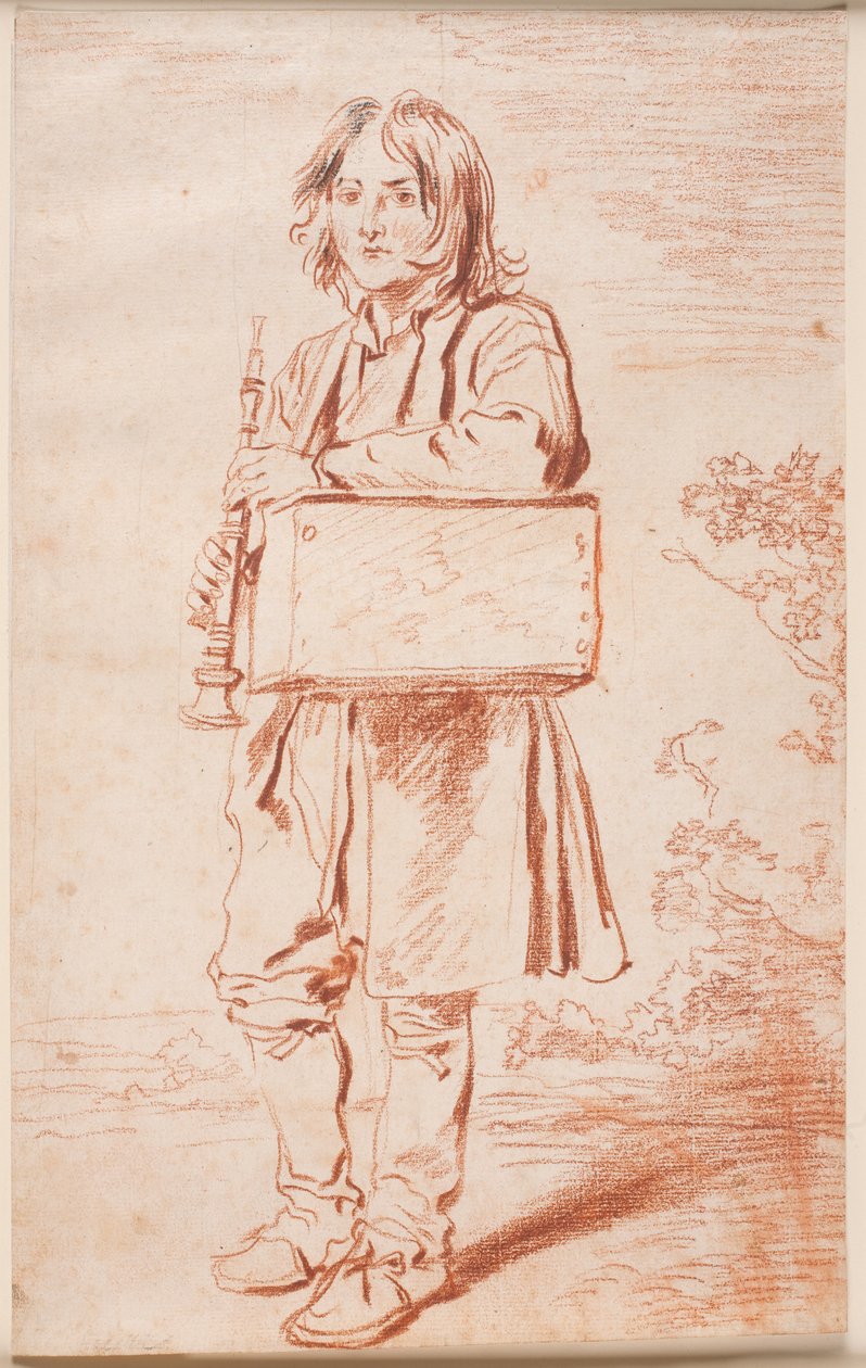 Młoda Sabaudia. Pełna postać en face v.v., stojąc, przez ramię przewiesza pudełko ze świstakiem, w rękach trzyma flet autorstwa Antoine Watteau