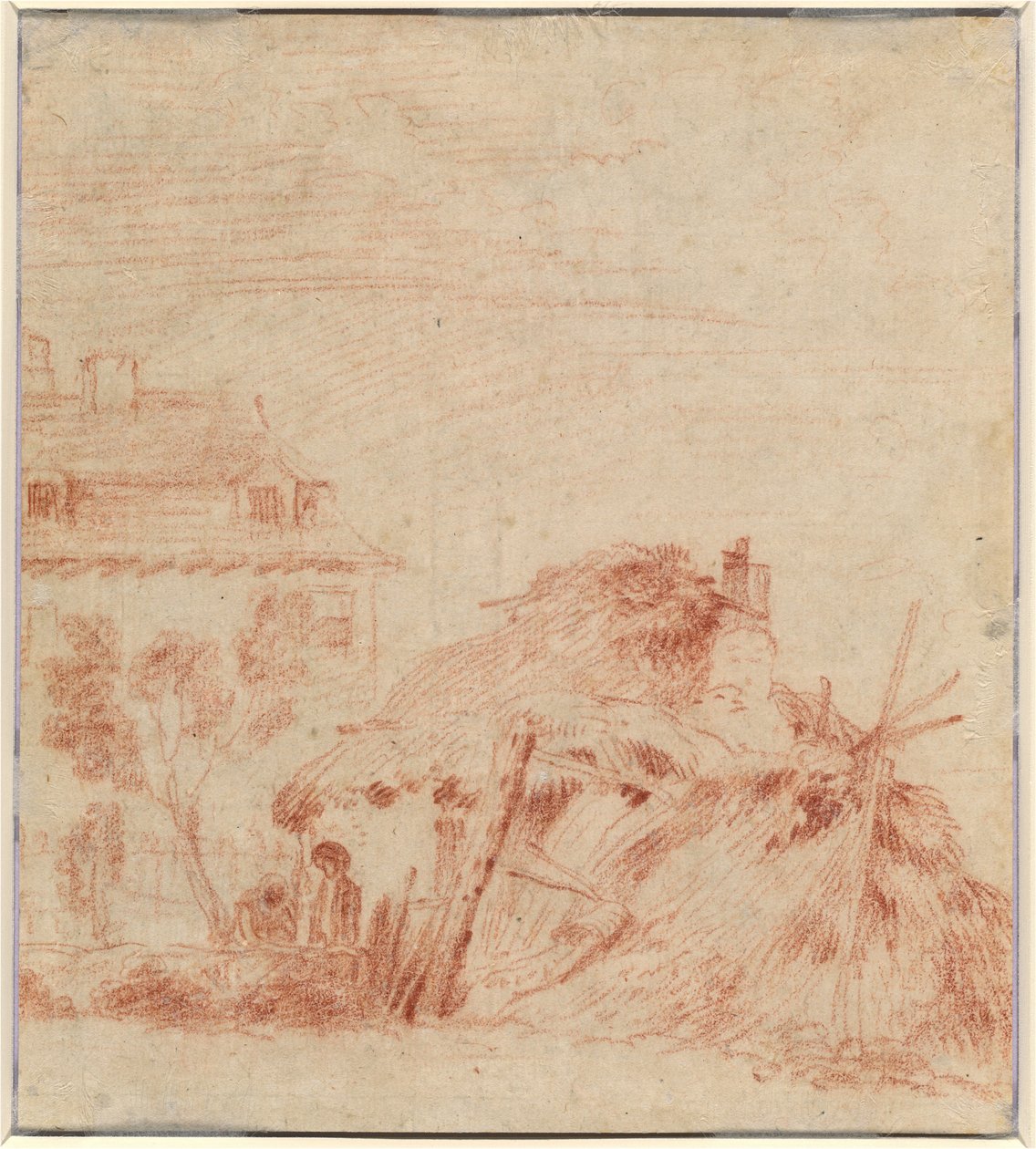 Widok domu, chaty i dwóch postaci [verso] autorstwa Antoine Watteau