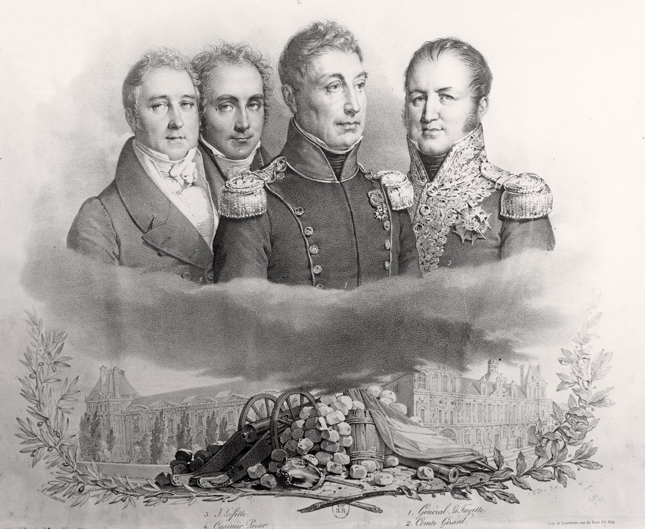 Rząd Tymczasowy z 29 lipca 1830 r. Od lewej do prawej: Jacques Lafitte (1767-1844), Casimir Perier (1777-1832), generał Lafayette (1757-1834) i hrabia Etienne Maurice Gerard (1773-1852) 1831 ( autorstwa Antoine Maurin