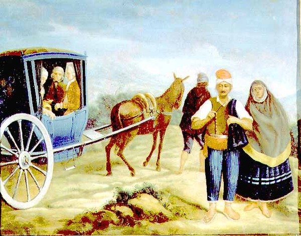 Szlachcice w maltańskim Kalessie niosący herb Mistrza de Rohan, mijając maltańskich chłopów na poboczu drogi autorstwa Antoine de (circle of) Favray