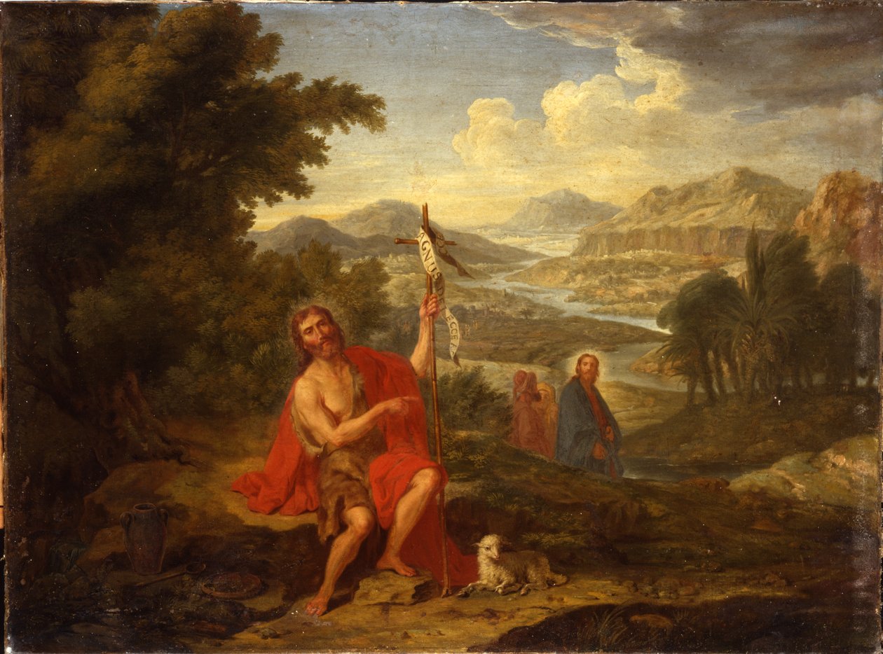 Święty Jan Chrzciciel na pustyni wskazujący Chrystusa, za nią rzekę Jordan, 1759 autorstwa Antoine de Favray