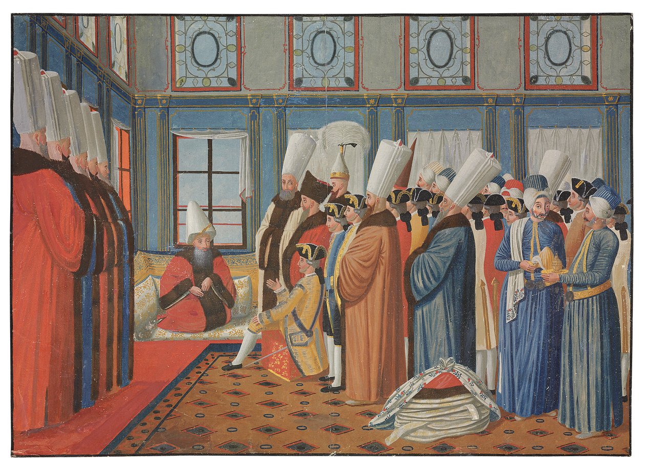 Przedstawienie hrabiego de Vergennes, ambasadora Ludwika XV, Reisowi Effendiemu, wielkiemu wezyrowi u osmańskiego sułtana „Uthmana III” w dniu 31 maja 1755 r. autorstwa Antoine de Favray