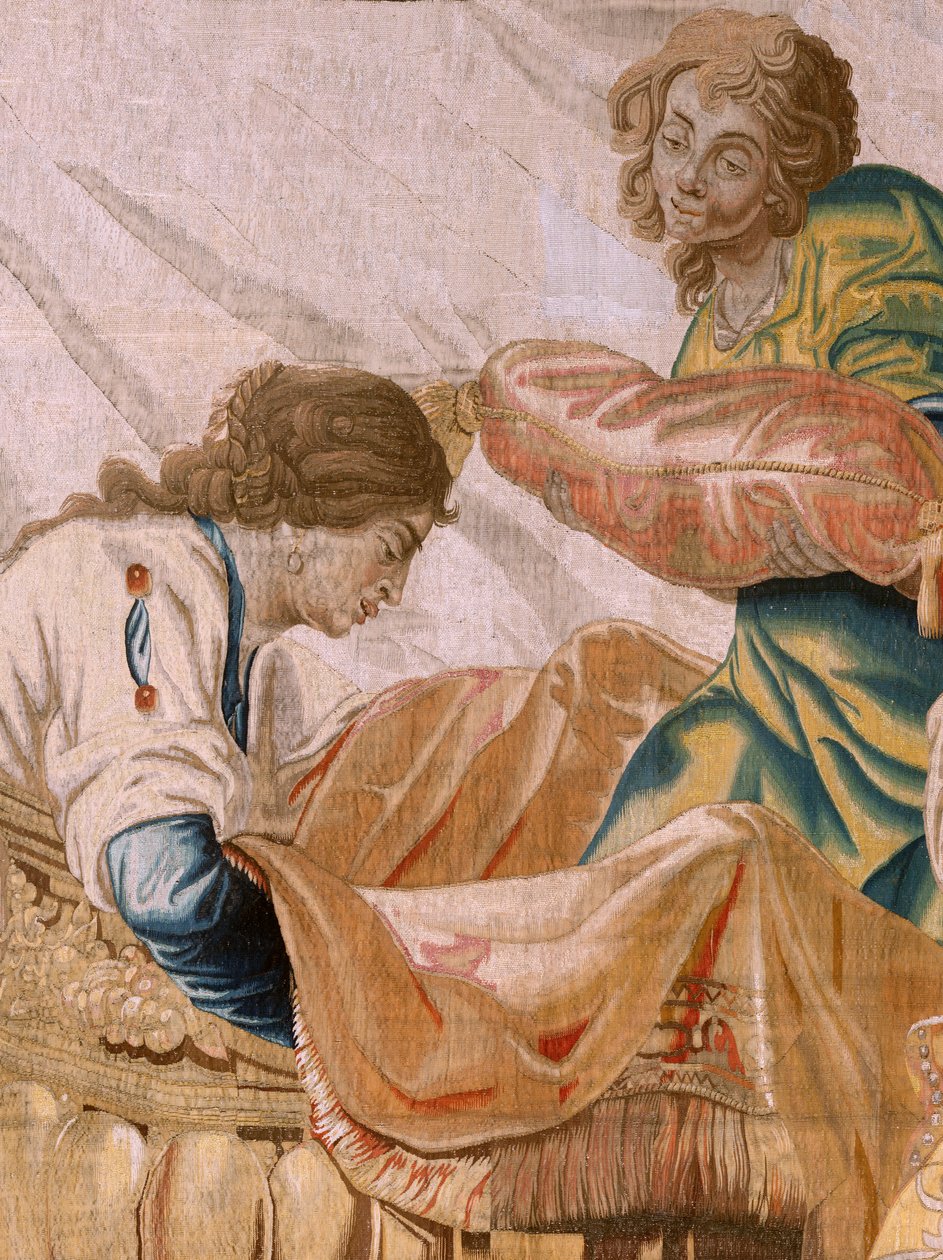 Flamandzki gobelin. Seria Historia Tezeusza. Bachus bierze Ariadnę za żonę (Baco toma a Ariadna por esposa). Dziewiąty gobelin w serii. Model Antonisa Sallaerta. Manufaktura Jan Raes Młodszy, Bruksela. ok. 1630 r.; Tkanina Jedwab i wełna. Rozmiar 392 x 45 autorstwa Antoine or Anthonis Sallaert