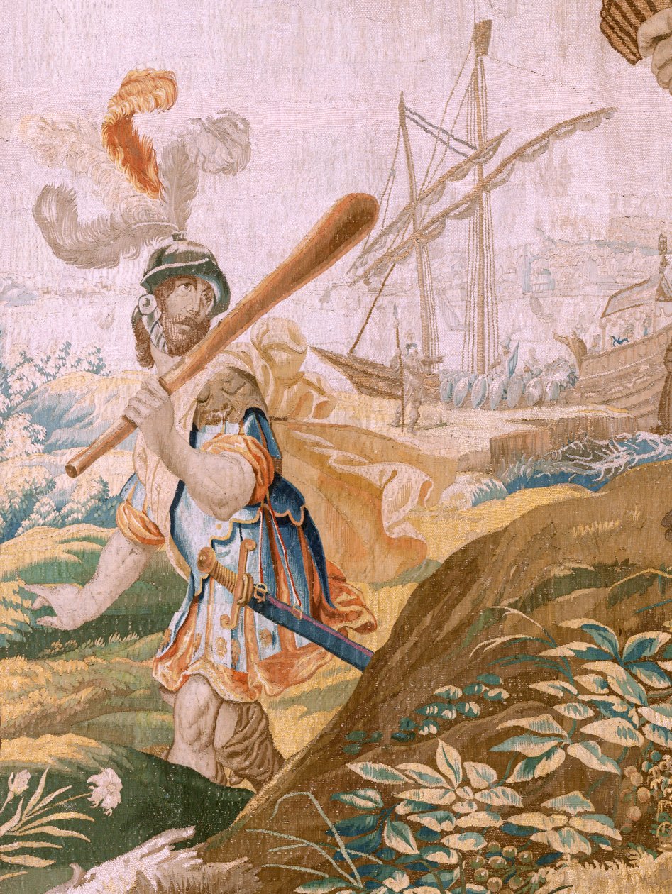 Flamandzki gobelin. Seria Historia Tezeusza. Tezeusz porzuca Ariadnę na wyspie Naxos (Teseo bounda a Ariadna en la Isla de Naxos). Ósmy gobelin z serii. Model Antonisa Sallaerta. Manufaktura Jan Raes Młodszy, Bruksela. ok. 1630. Tkanina S autorstwa Antoine or Anthonis Sallaert