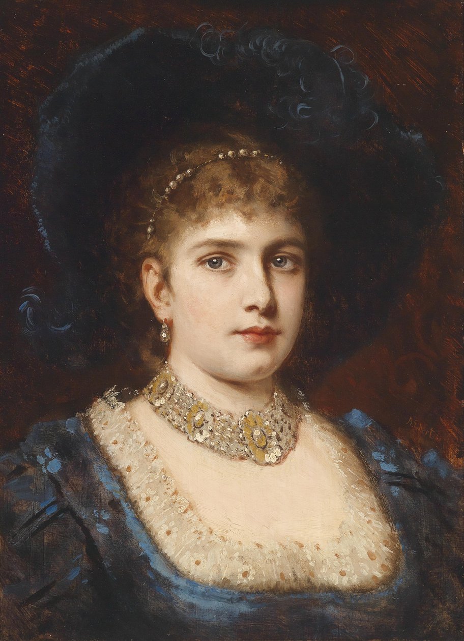 Portret damy w niebieskiej sukience z kapeluszem autorstwa Anton Ebert