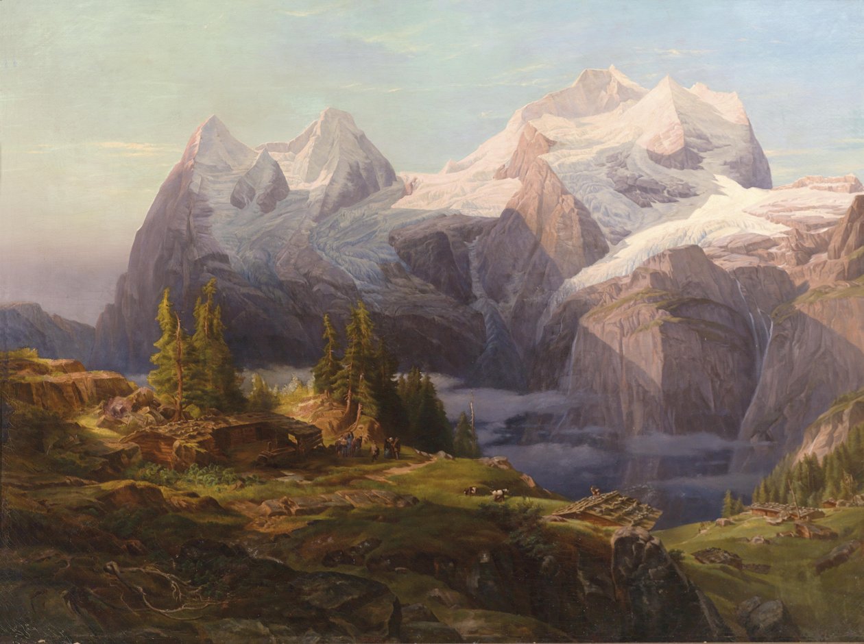 Widok na Oberland Berneński z Mönch, Eiger i Jungfrau, na pierwszym planie figuratywny sztafaż autorstwa Anton Hansch