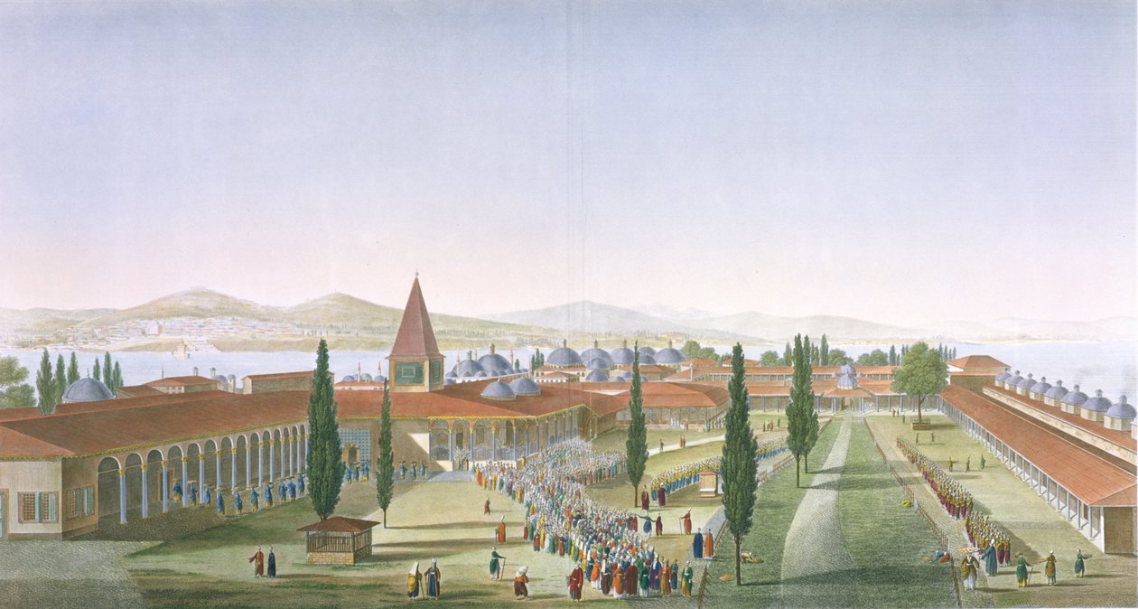 Widok na wewnętrzny dziedziniec Seraju, Pałac Topkapi, Konstantynopol, ryty Schroeder i Desmaisons, 1815 (akwatinta) autorstwa Anton Ignaz Melling