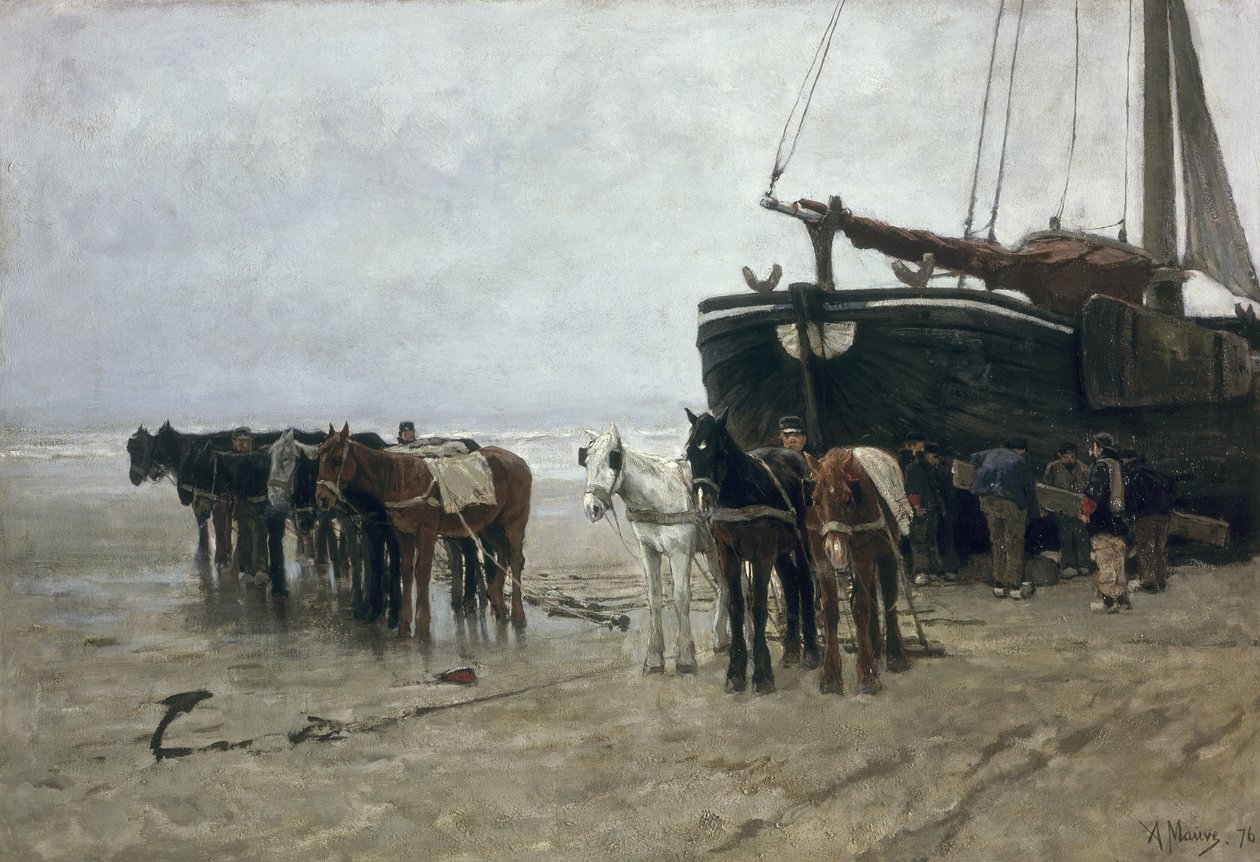 Łódź na plaży w Scheveningen, 1876 r. autorstwa Anton Mauve