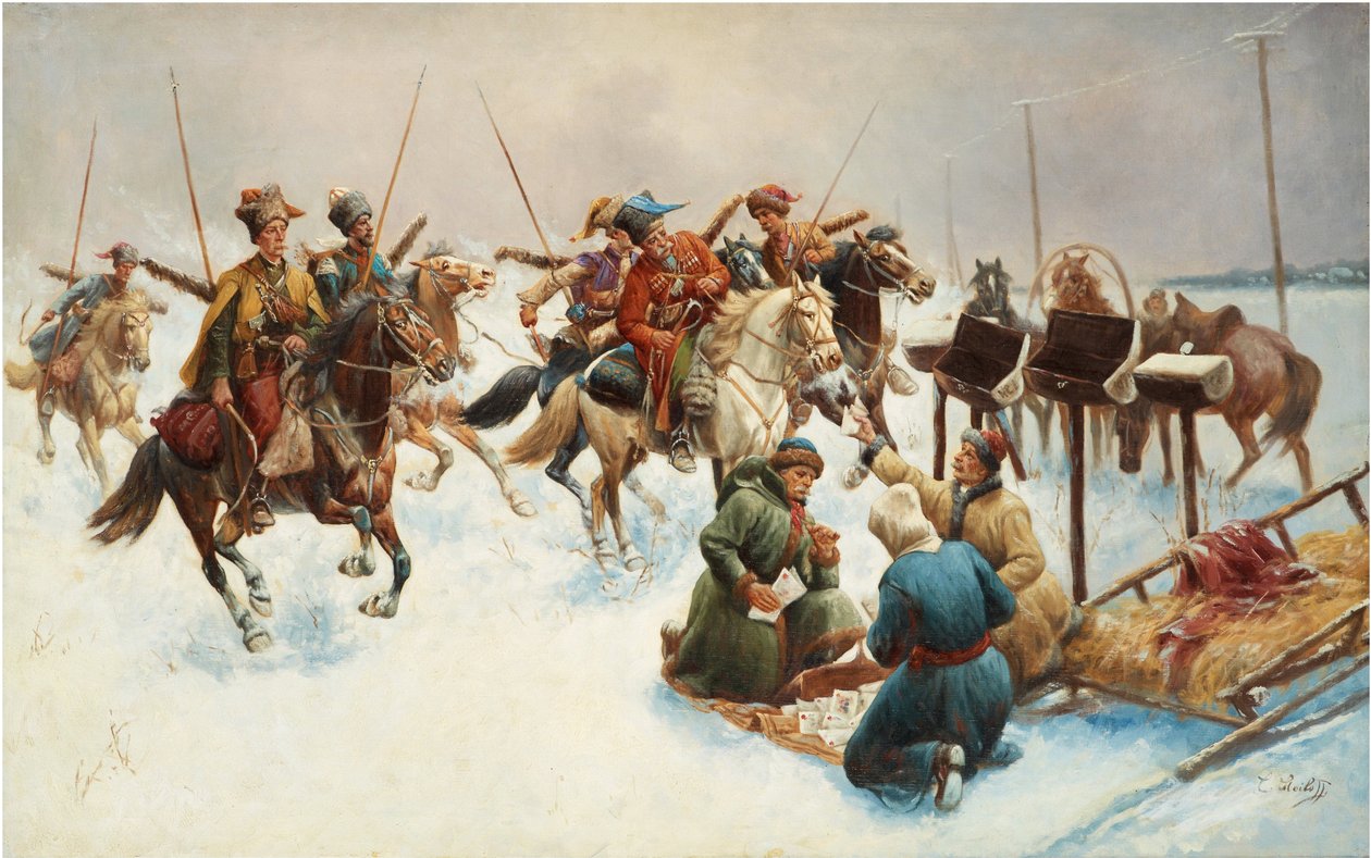 Pejzaż zimowy z Kozakami (przesyłka pocztowa) - Obraz Adolfa Baumgartnera Stoiloffa (Baumgartner-Stoiloff) (1850-1924), olej na płótnie, 82x130 cm - Kolekcja prywatna autorstwa Anton Baumgartner Stoiloff