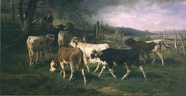 Dziewczyna przy bramie z bydłem autorstwa Anton Braith