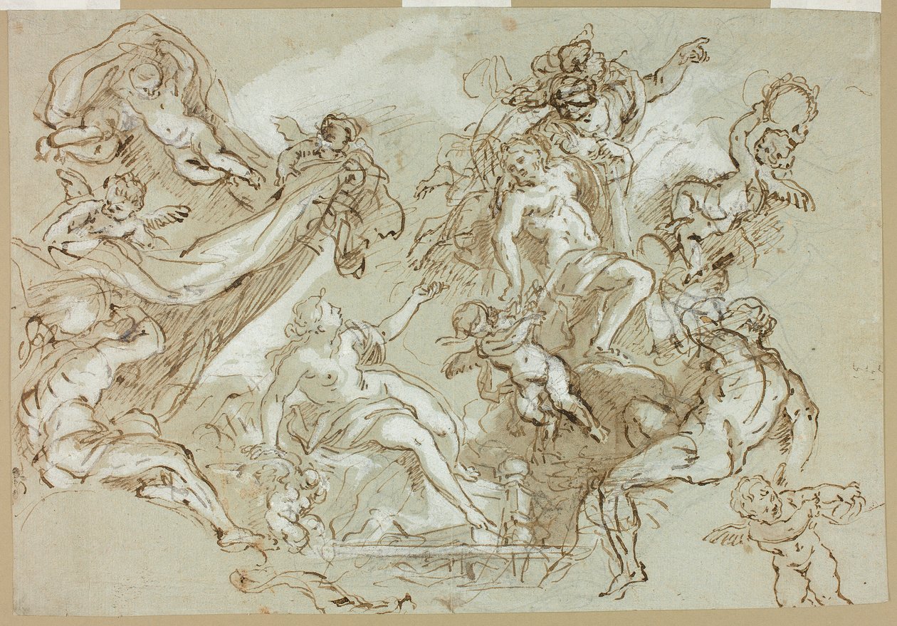 Apoteoza Herkulesa (recto); Szkice głowy konia, przednich kończyn konia i ołtarza lub cyborium (verso) autorstwa Anton Domenico Gabbiani