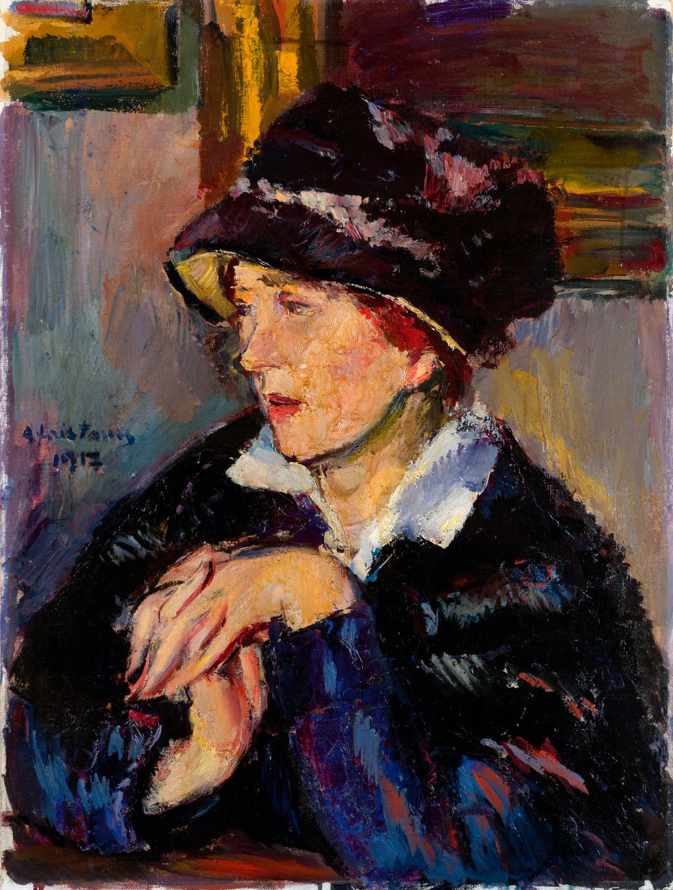 Kobieta w ciemnym kapeluszu - obraz Antona Faistauera (1887-1930) olej na płótnie autorstwa Anton Faistauer