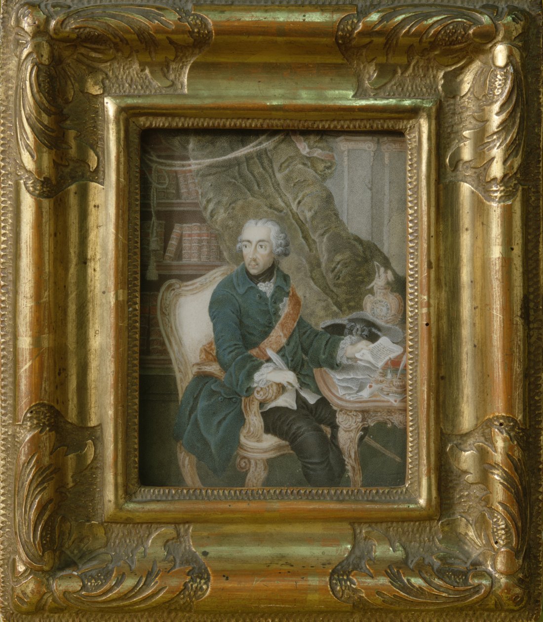 Król pruski Fryderyk II w kurtce Hohenzollernów, 1769 (akwarela na kości słoniowej) autorstwa Anton Friedrich Konig
