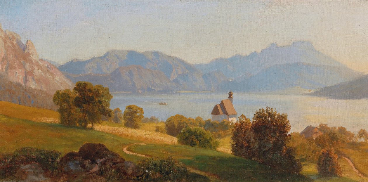 Steinbach nad jeziorem Attersee z Schafbergiem autorstwa Anton Hlavacek