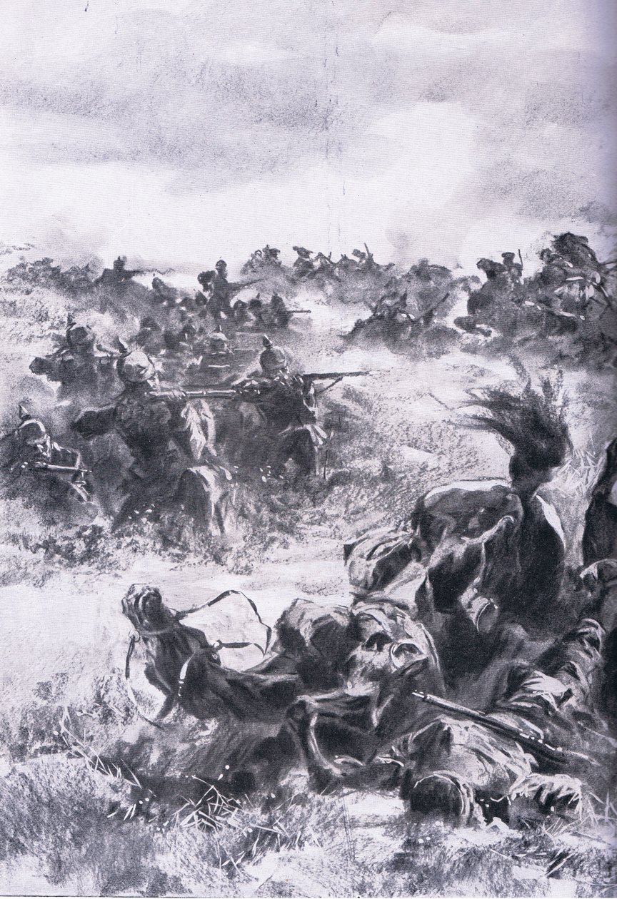 Klęska 14. Brygady Kawalerii Rosyjskiej pod Praszyszem, z Ilustrowanej Historii Wojny Światowej 1914-1915 wyd. przez Union Berlagsefellfchaft autorstwa Anton Hoffman