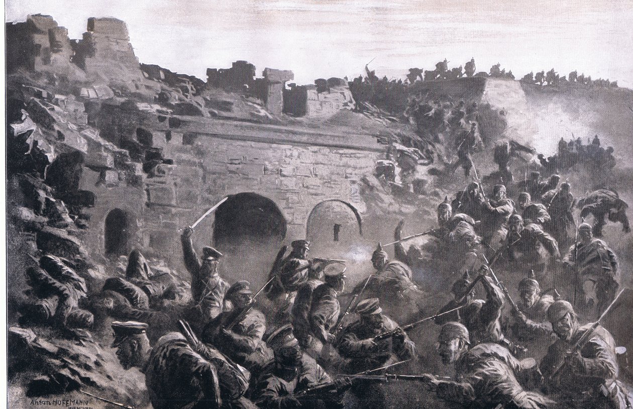 Szturm na fort w Kawnie, z Ilustrowanej Historii Wojny Światowej 1914-1915 wyd. przez Union Berlagsefellfchaft autorstwa Anton Hoffman