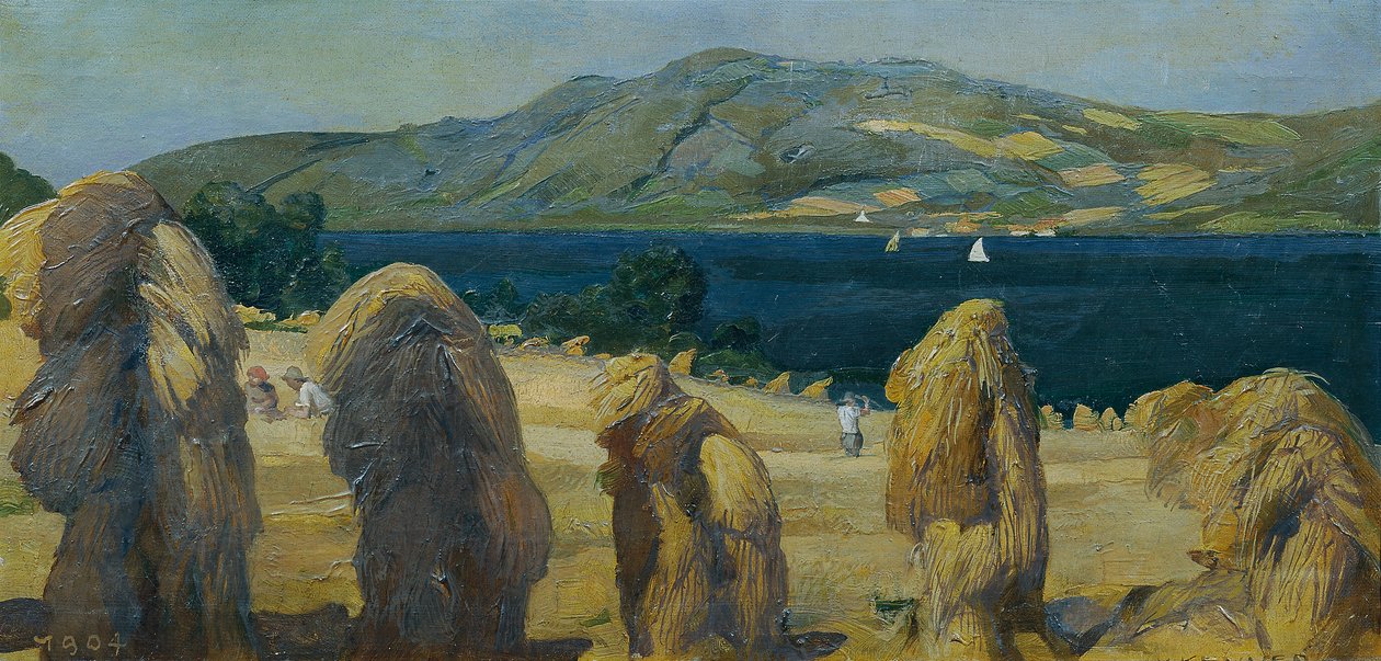 Krajobraz Attersee ze zbożowymi migdałami autorstwa Anton Josef von Kenner