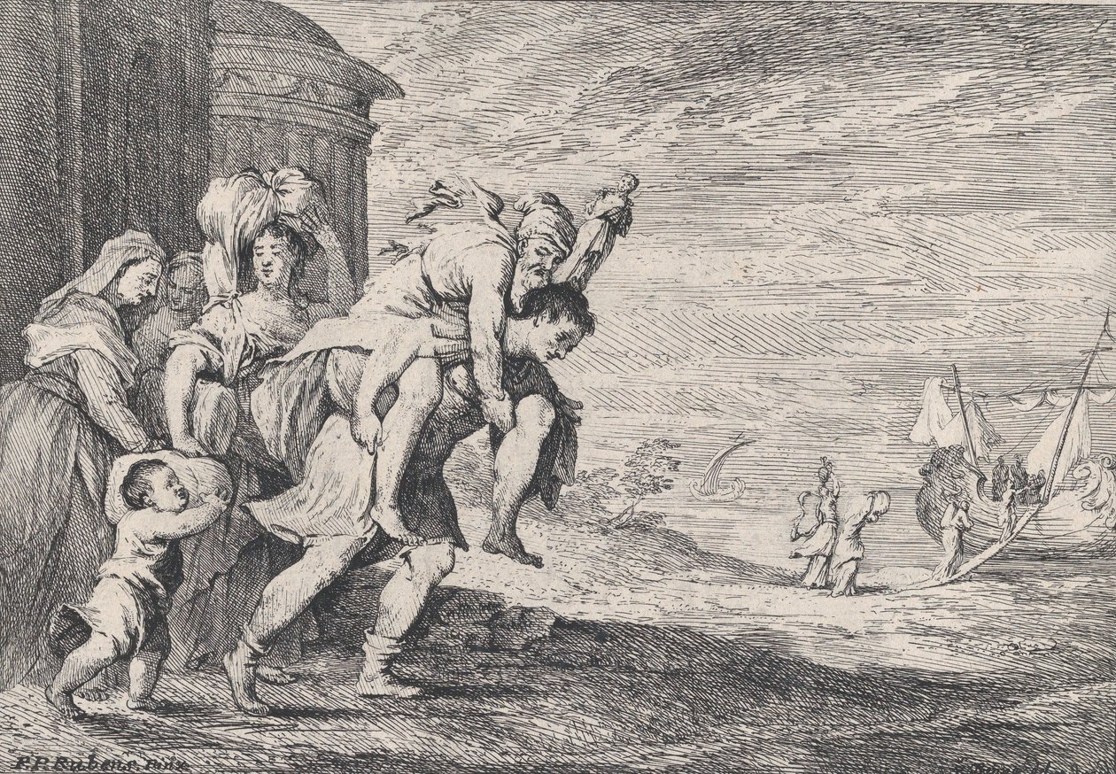 Eneasz ucieka z Troi, z grupą sześciu postaci opuszczających miasto po lewej stronie, Eneasz niesie..., 1728. autorstwa Anton Joseph von Prenner