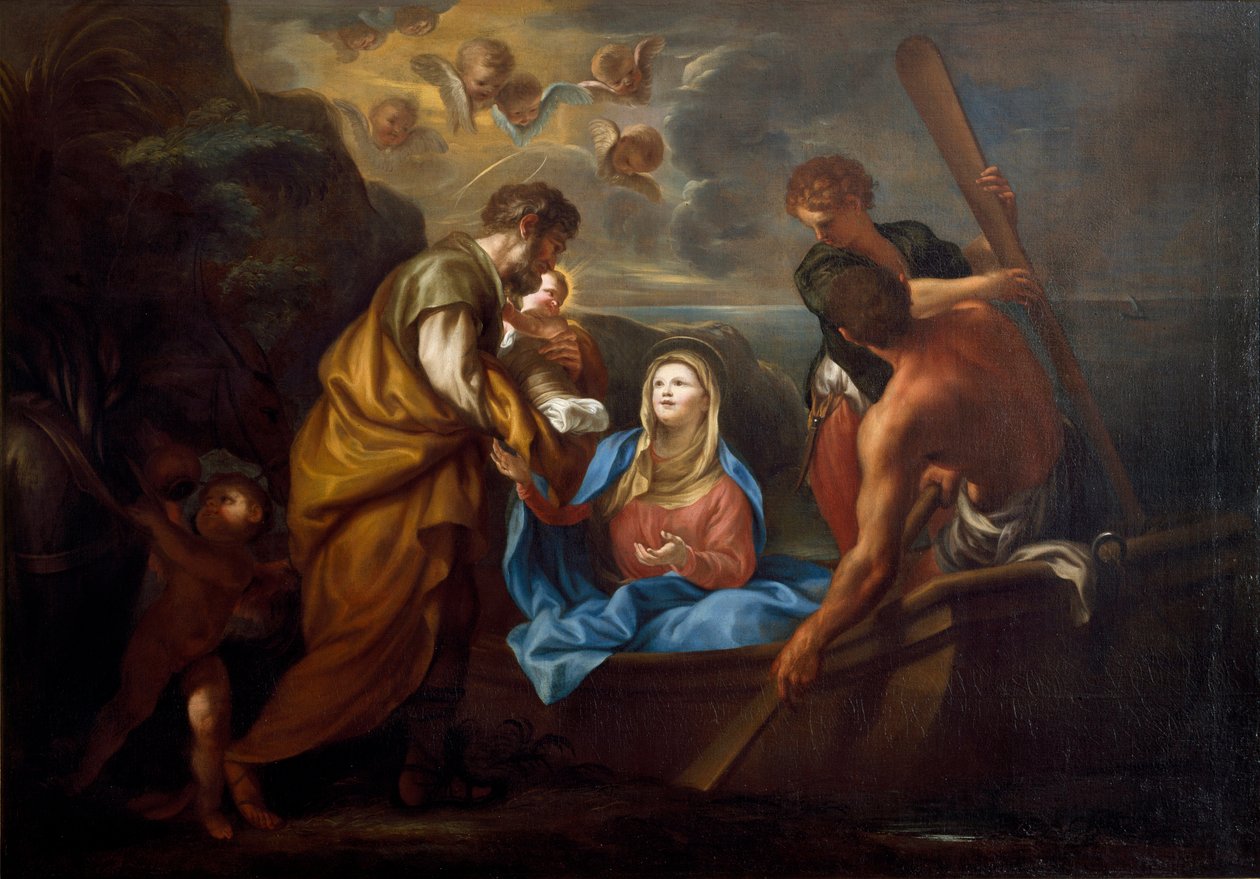Lot do Egiptu Święta rodzina wypływa na statek. Obraz Antona Marii Pioli (1654-1715) Collezione Banca Carige Genes autorstwa Anton Maria Piola