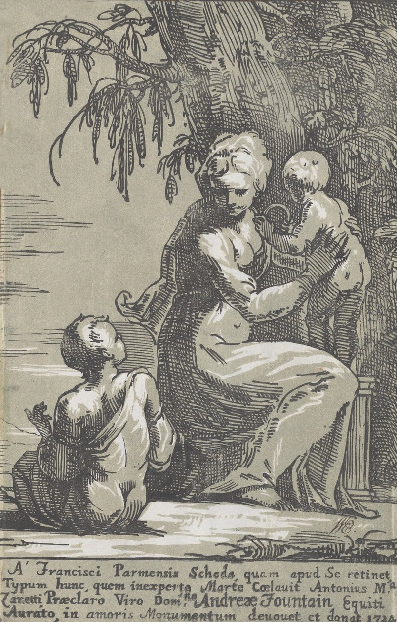 Kobieta stojąca u stóp drzewa trzymająca niemowlę z siedzącym chłopcem, 1724. autorstwa Anton Maria Zanetti