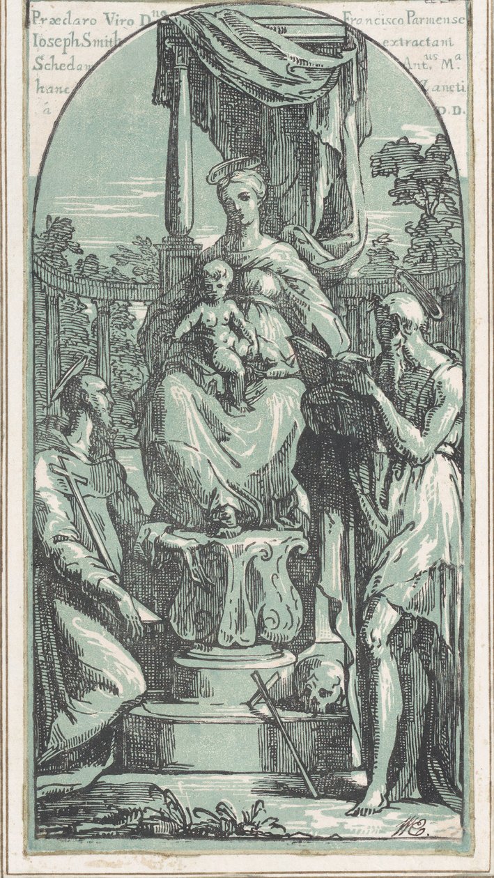 Dziewica z Dzieciątkiem na tronie, św. Hieronim w prawym dolnym rogu, św. Franciszek..., przed 1749 r. autorstwa Anton Maria Zanetti