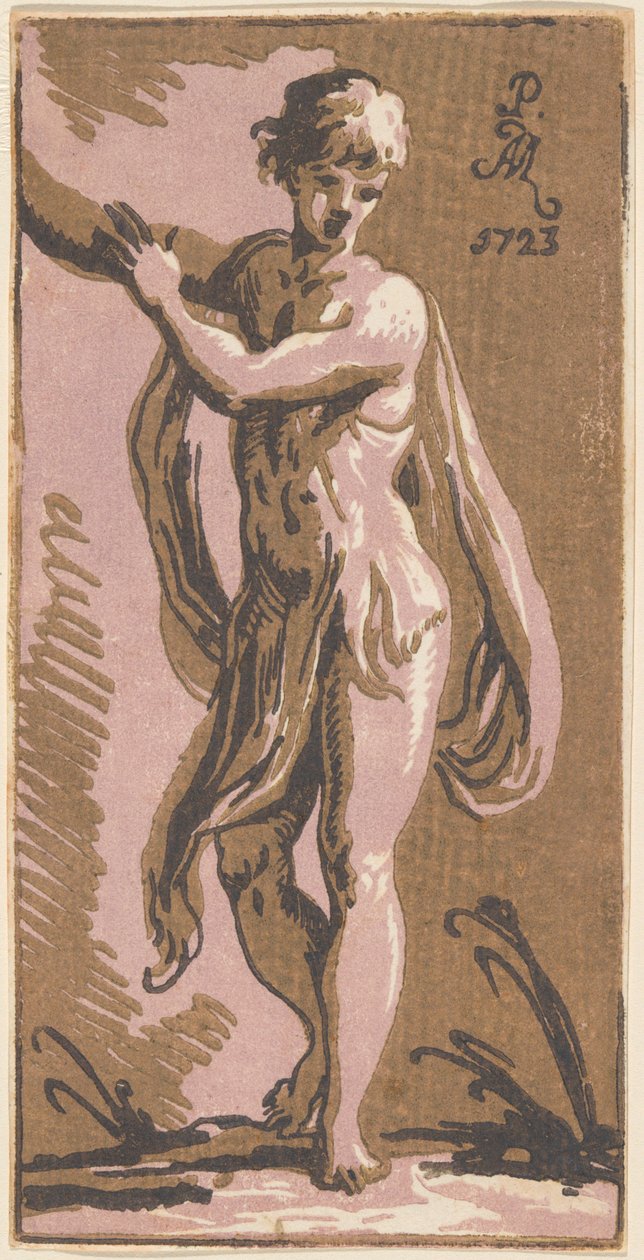 Stojący młodzieniec gestykulujący w prawo autorstwa Anton Maria Zanetti I, after Parmigianino
