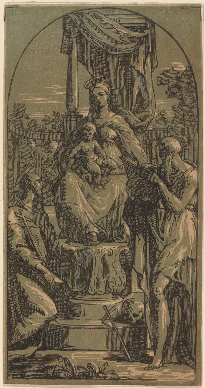 Madonna z Dzieciątkiem na tronie, św. Hieronim i św. Franciszek autorstwa Anton Maria Zanetti I, after Parmigianino