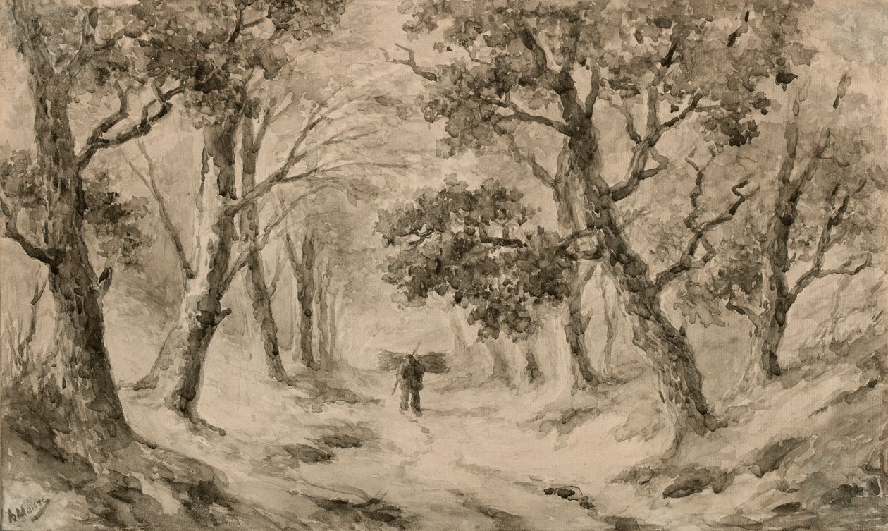 Zbieracz drewna w lesie (brązowy tusz i pranie na polerowanym papierze) autorstwa Anton Mauve