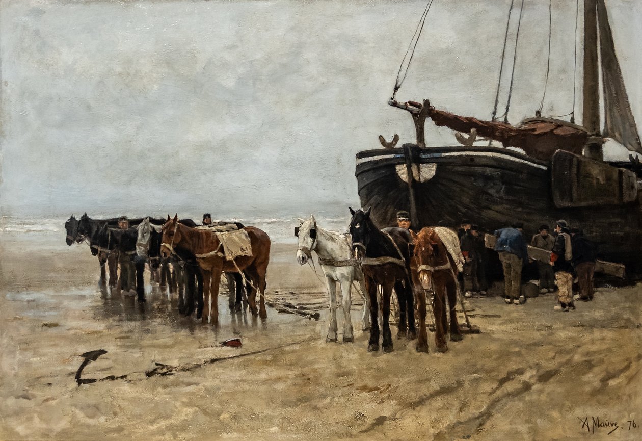 Holenderski: Bomschuit z końmi holowniczymi na plaży Scheveningen Łódź rybacka z końmi holowniczymi na plaży Scheveningen autorstwa Anton Mauve