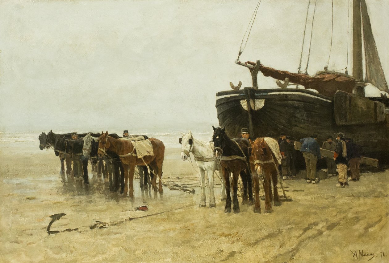 Holenderski: Bomschuit z końmi holowniczymi na plaży Scheveningen Łódź rybacka z końmi holowniczymi na plaży Scheveningen autorstwa Anton Mauve