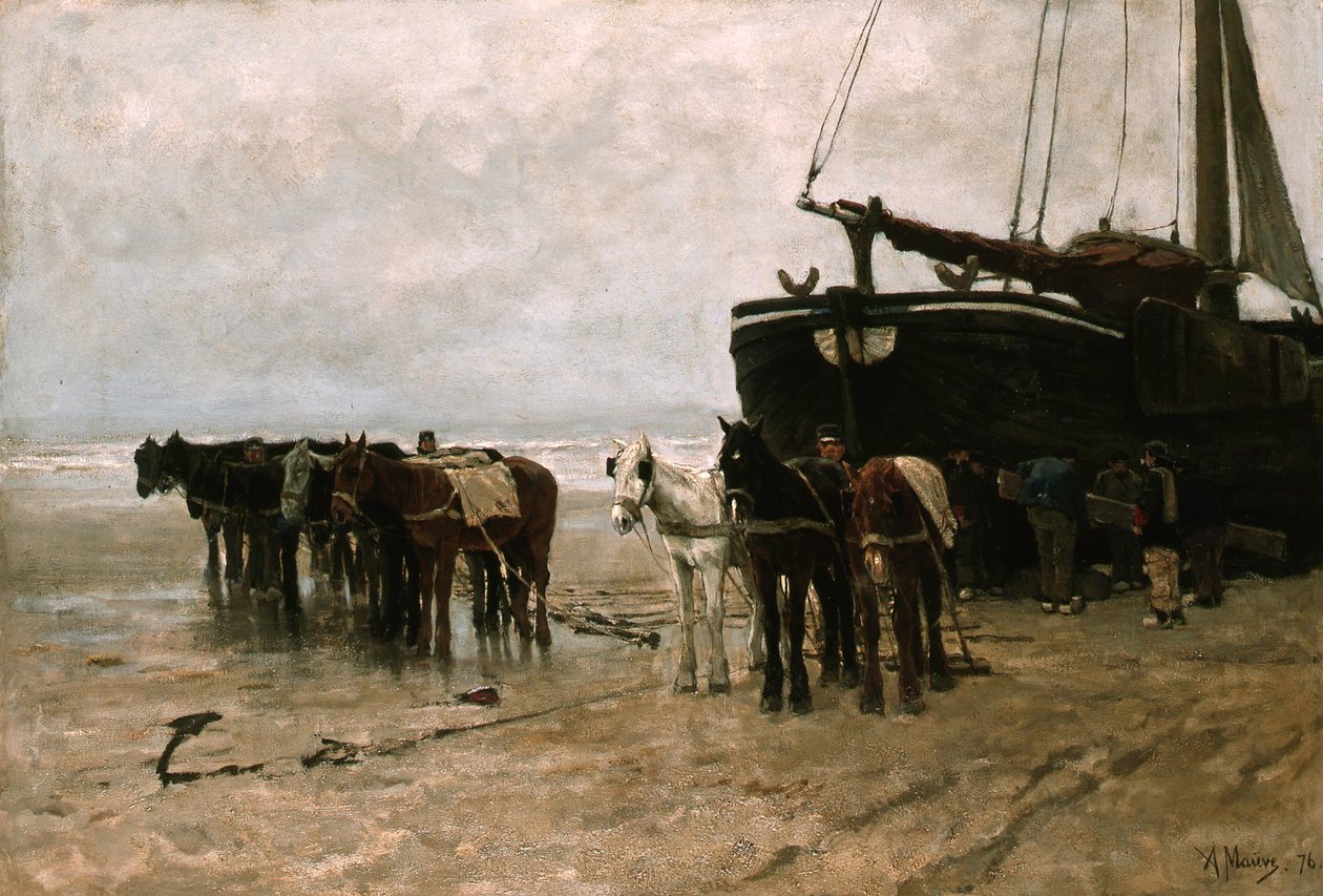 Holenderski: Bomschuit z końmi holowniczymi na plaży Scheveningen Łódź rybacka z końmi holowniczymi na plaży Scheveningen autorstwa Anton Mauve