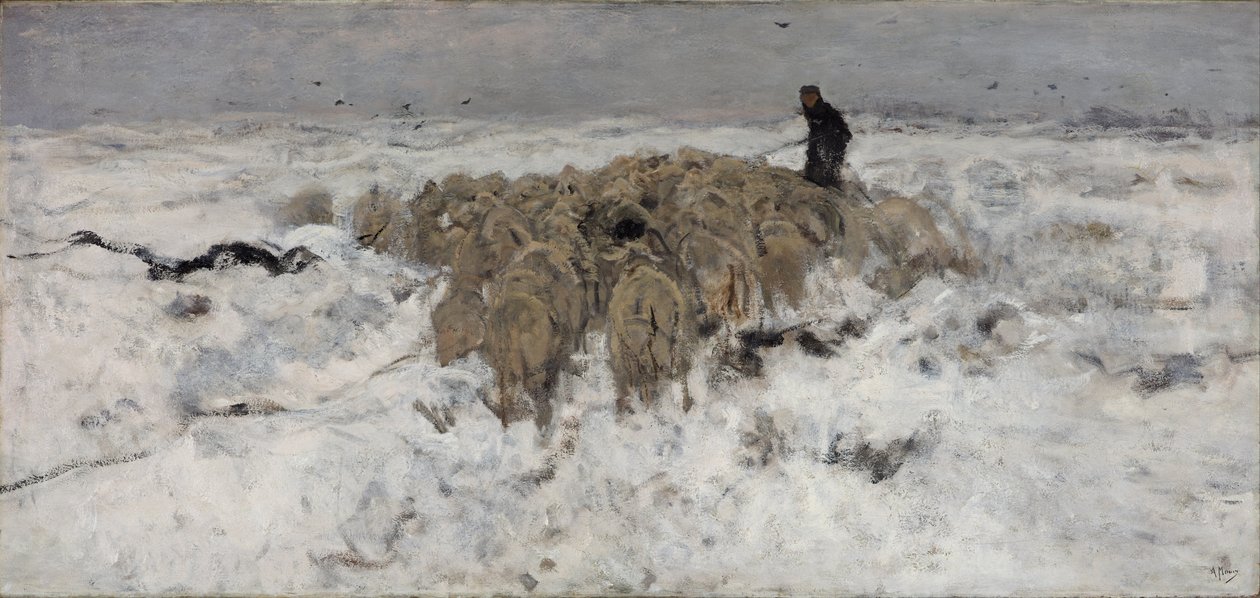 Stado owiec z pasterzem na śniegu autorstwa Anton Mauve
