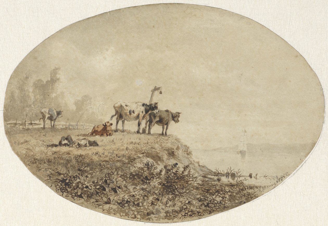 Krowy nad wodą, w oddali żaglowiec autorstwa Anton Mauve