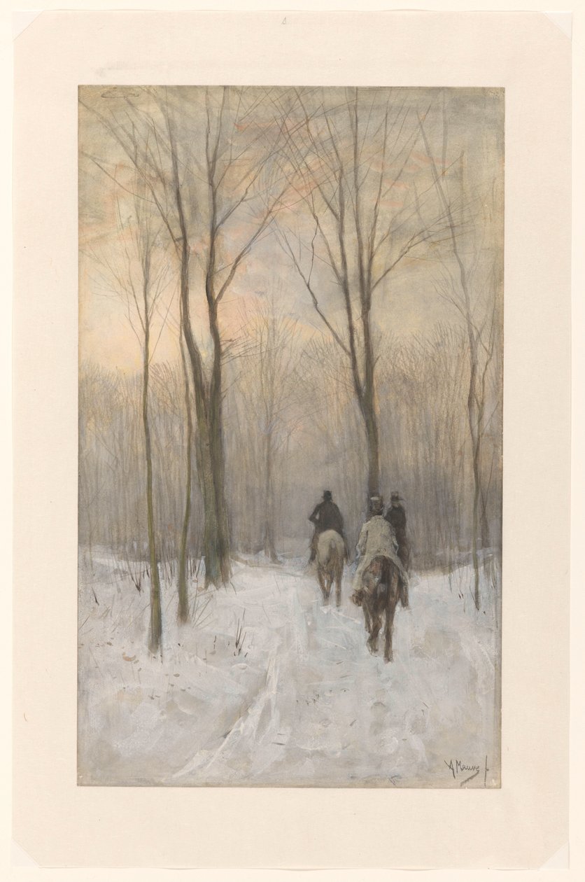 Jeźdźcy w śniegu w Haagse Bos Jeźdźcy na śniegu w lesie Haskim autorstwa Anton Mauve