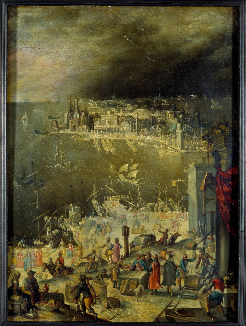 Widok na port morski Reprezentacja działalności handlowej, rozładunek towarów, transakcje na dokach portowych. Obraz przypisywany Antonowi Mozartowi (1573-1625), niedz. 0,3x0,22 m paryż, musee du Louvre autorstwa Anton Mozart